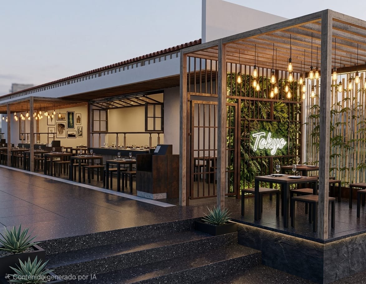 Área de buffet y bistro con muro verde e iluminación colgante, Restaurante Acapulco