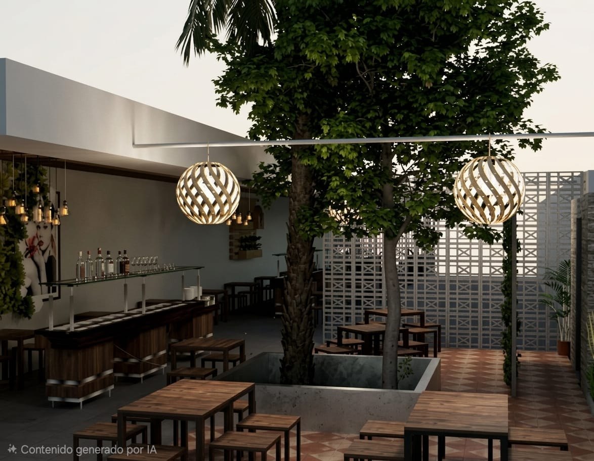 Terraza con barra, árbol central e iluminación cálida, Restaurante Acapulco