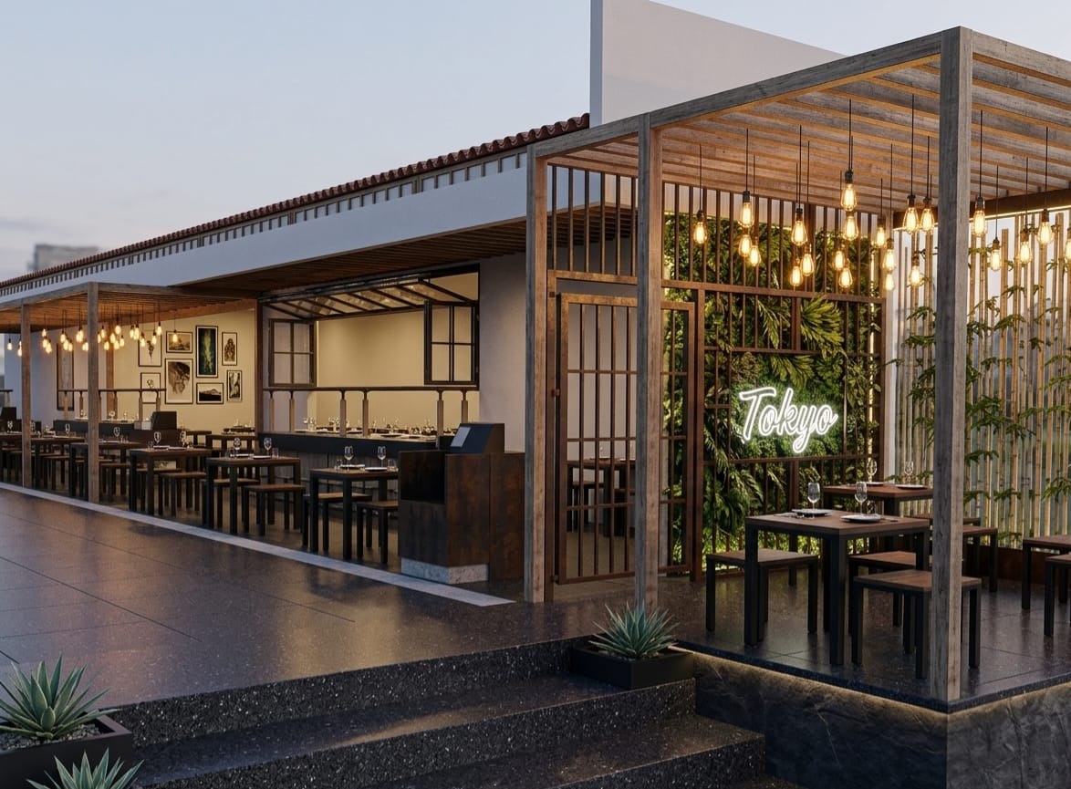 Terraza con pérgola de madera y letrero de neón, Restaurante Acapulco