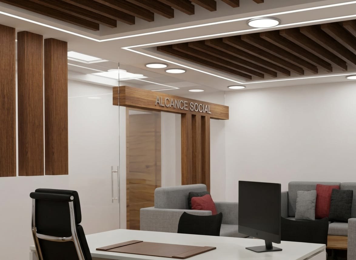 Oficina y área de estar con letrero 'Alcance Social', AICM