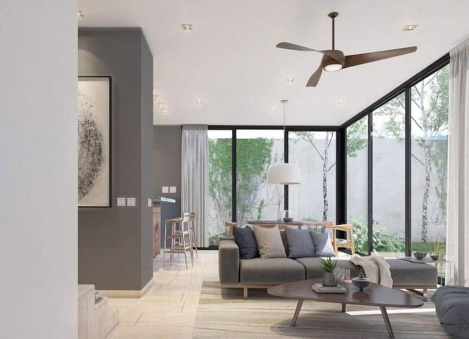 Render de la sala con vista al patio, Residencia CDMX