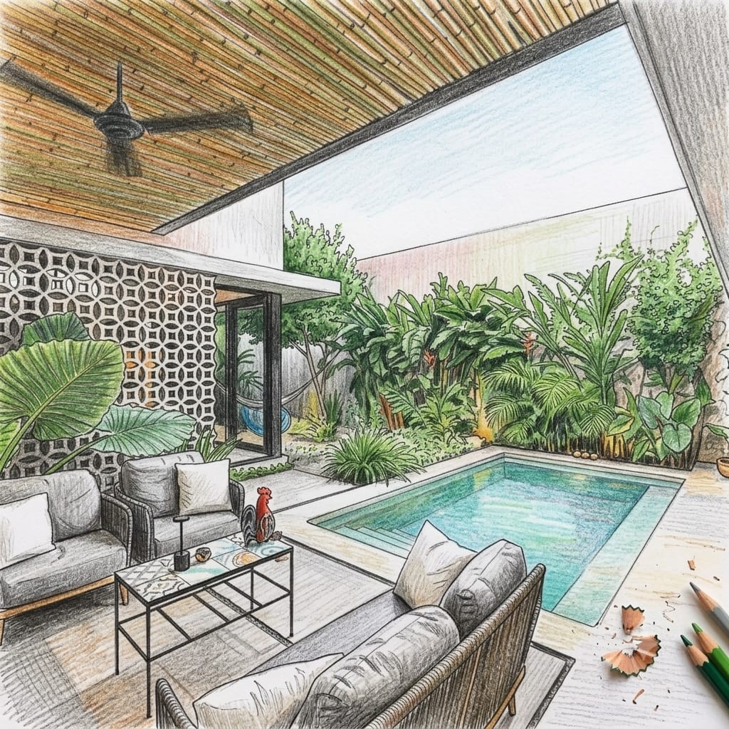 Boceto de diseño a lápiz de color: terraza cubierta junto a la alberca