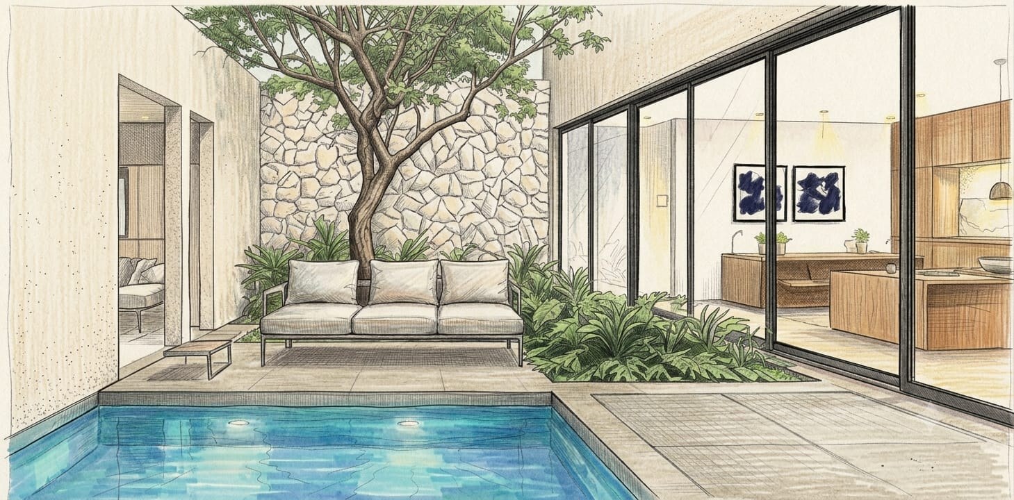 Boceto ilustrado a mano del patio con alberca y árbol, proyecto Casa Árbol