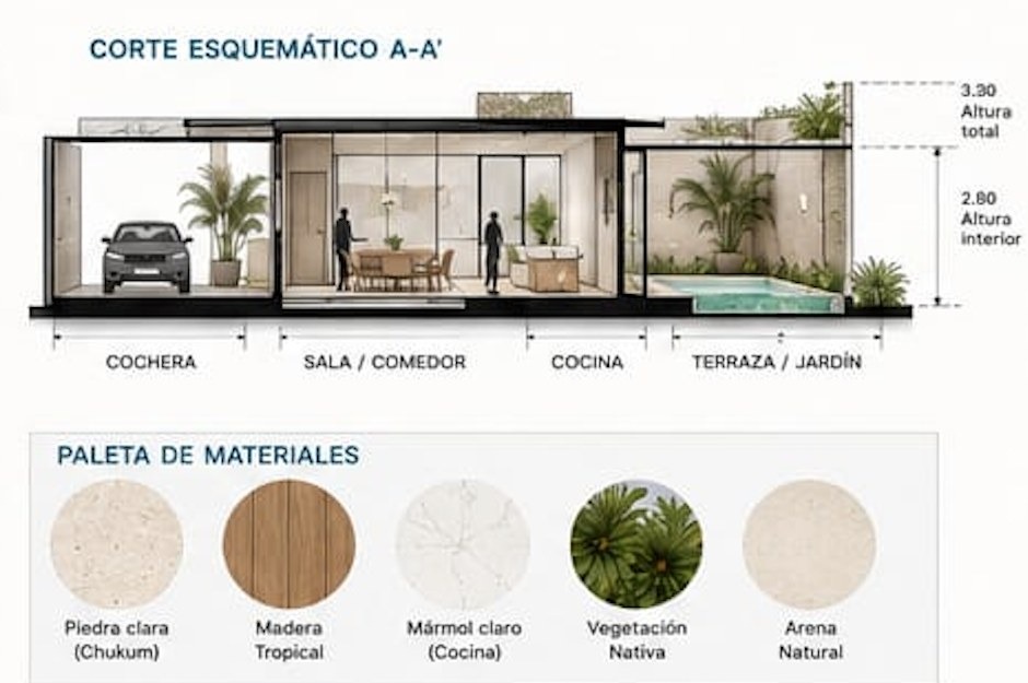 Corte esquemático y paleta de materiales, anteproyecto Casa Árbol, Mérida, Yucatán