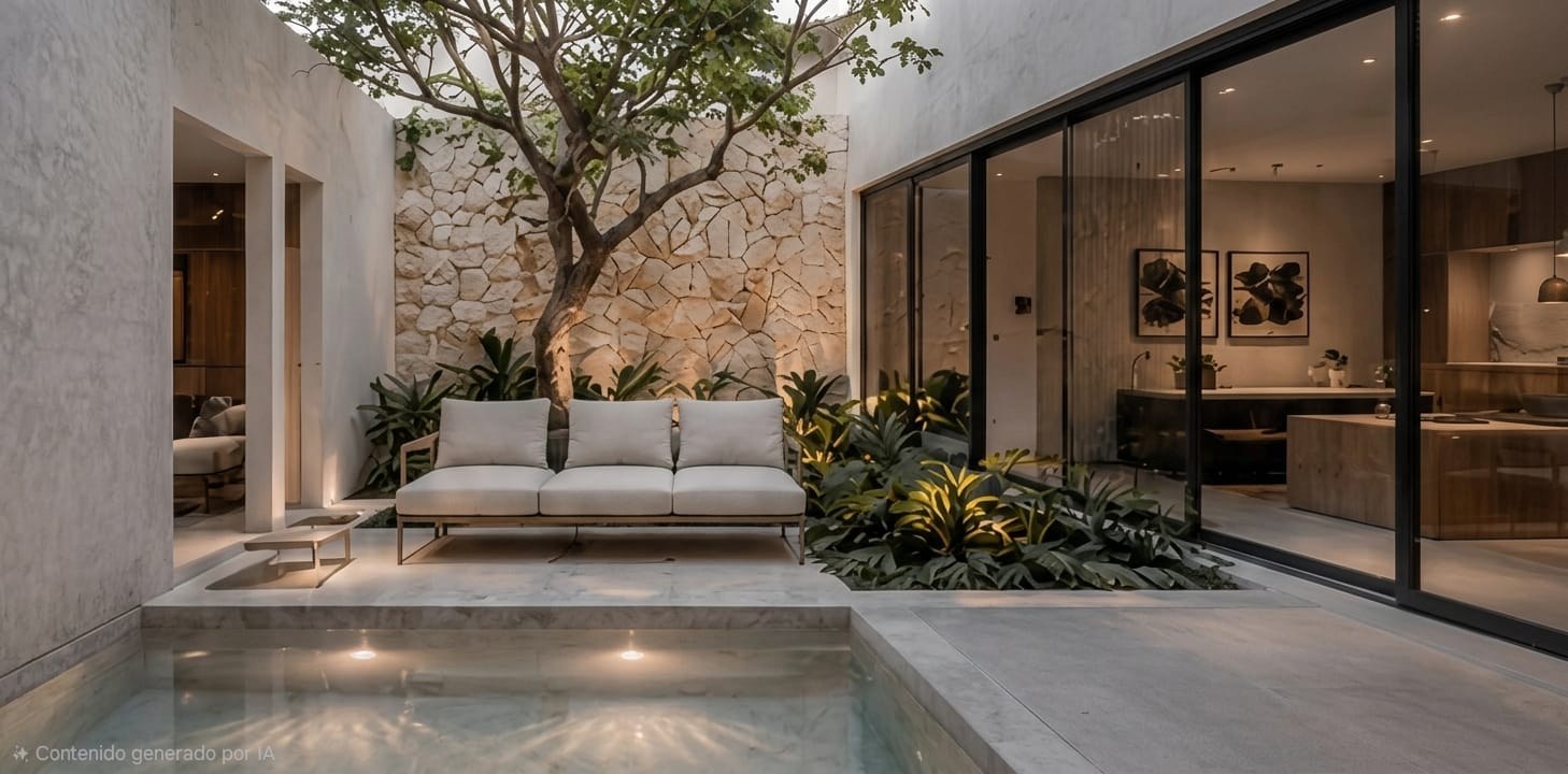 Render fotorrealista del patio con alberca y árbol, proyecto Casa Árbol