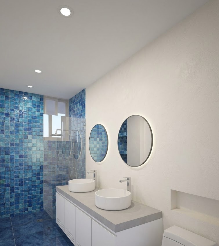 Render de baño con talavera azul y doble lavabo, Casa Cielo