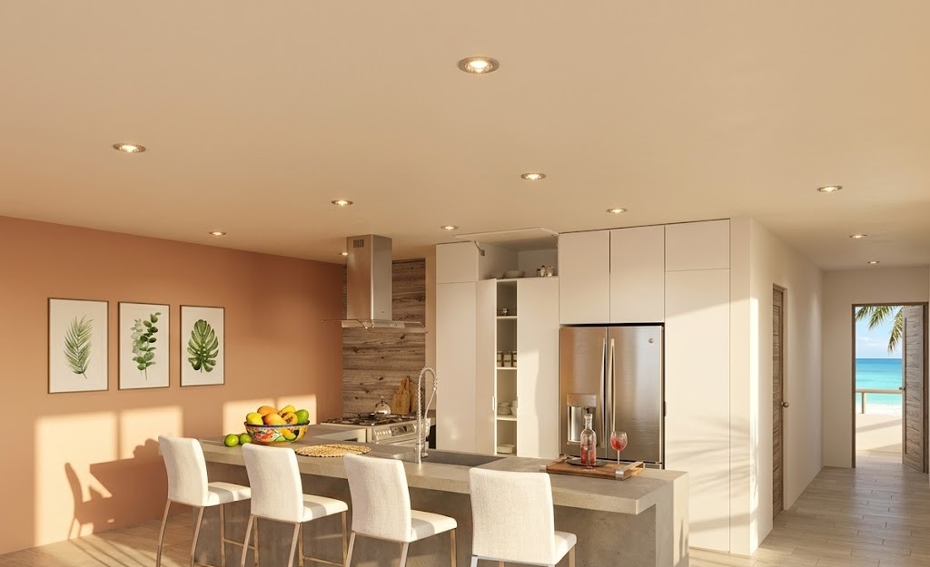 Render de cocina integrada con vista al mar, Casa Cielo