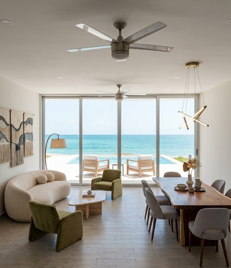 Casa Cielo, sala y comedor frente al mar