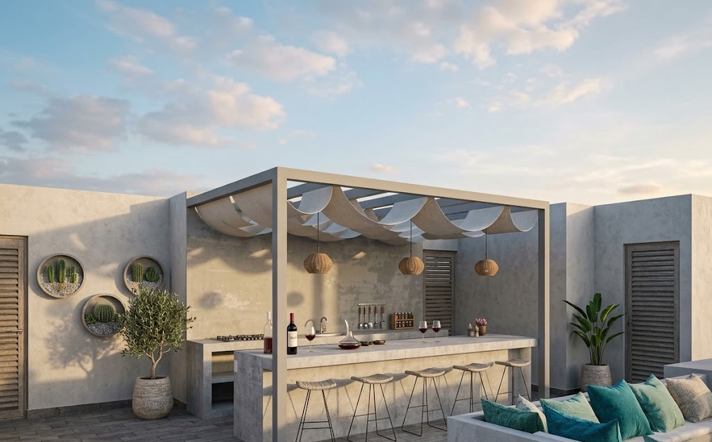 Render de terraza en azotea con bar y cocina exterior bajo pérgola, Casa Cielo