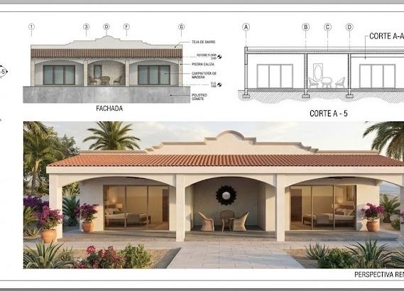 Fachada y perspectiva renderizada de la casa de visitas, Casa Hunucmá etapa 1