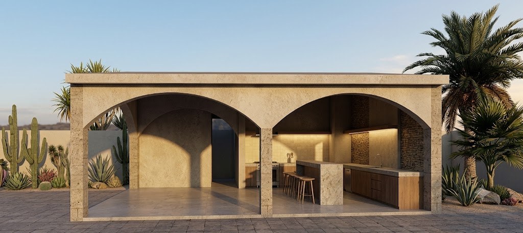 Perspectiva de diseño de bar y cocina exterior bajo pórtico de arcos, Casa Hunucmá