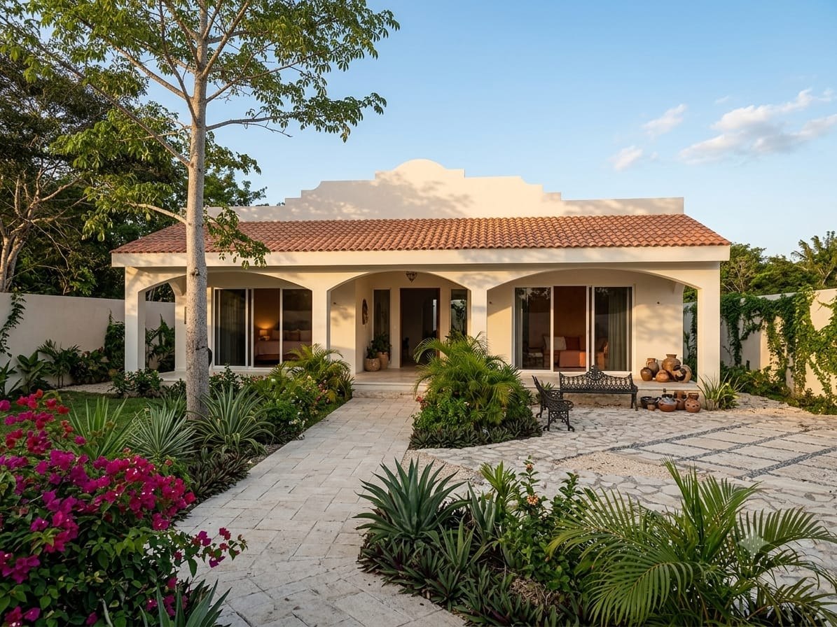 Perspectiva de fachada al atardecer con jardín, Casa Hunucmá