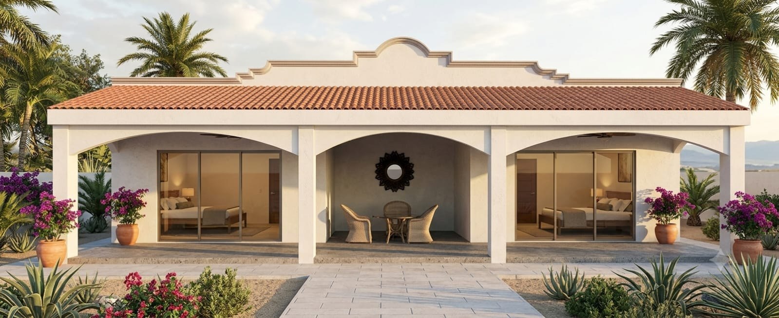 Perspectiva de fachada con pórtico de arcos y teja de barro, Casa Hunucmá