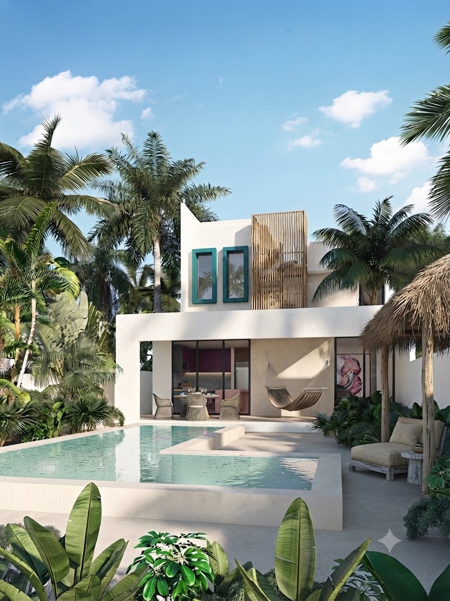 Render de fachada con alberca y palapa, Casa San Benito