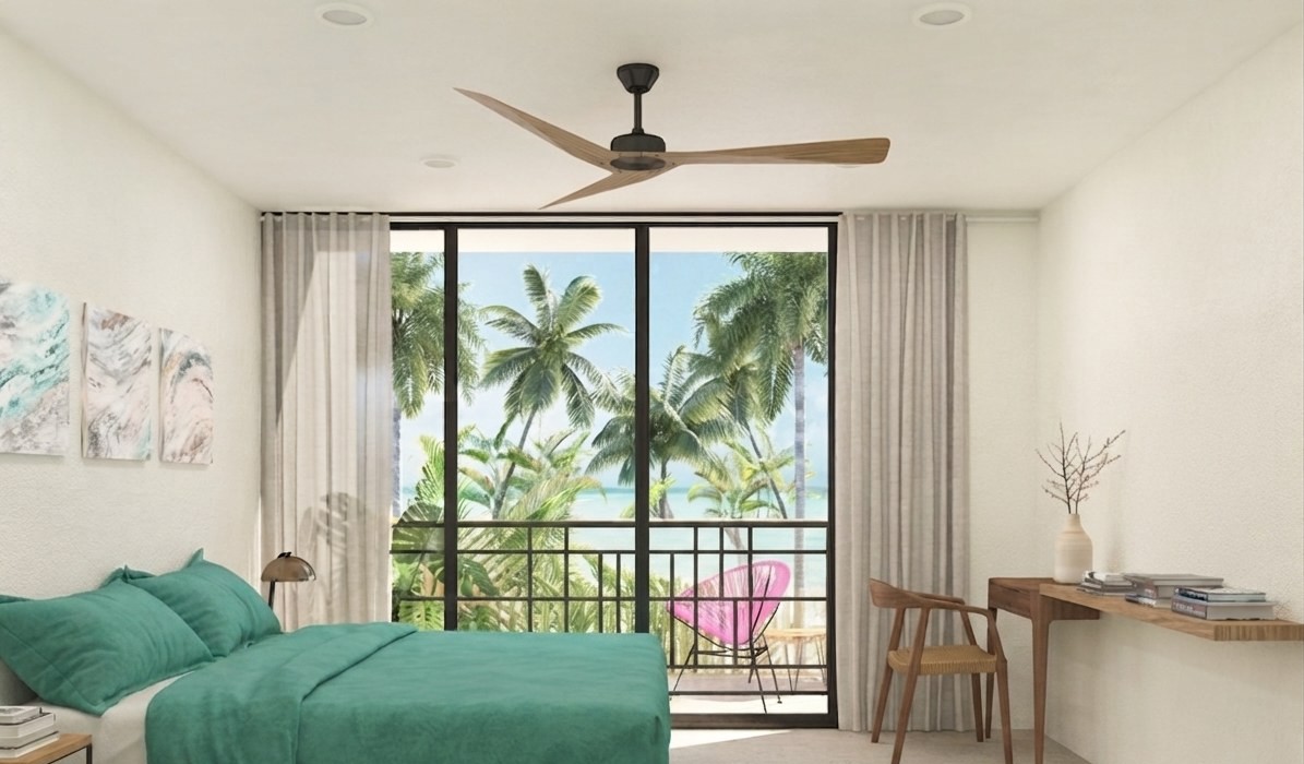 Render de recámara principal con vista al mar, Casa San Benito