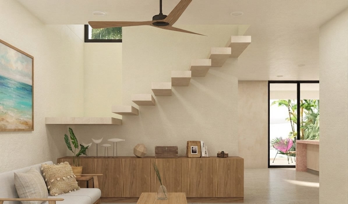 Render de sala con escalera de madera y doble altura, Casa San Benito