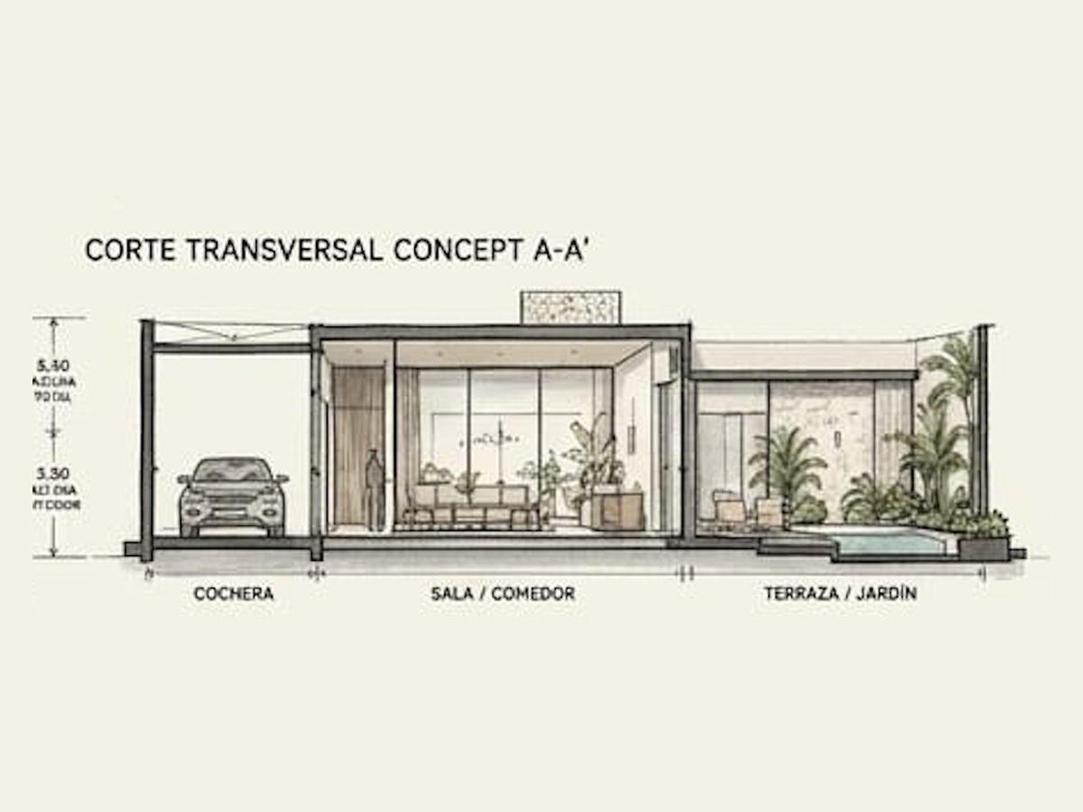 Corte transversal conceptual A-A' de Casa Xaibé, cochera, sala-comedor y terraza-jardín
