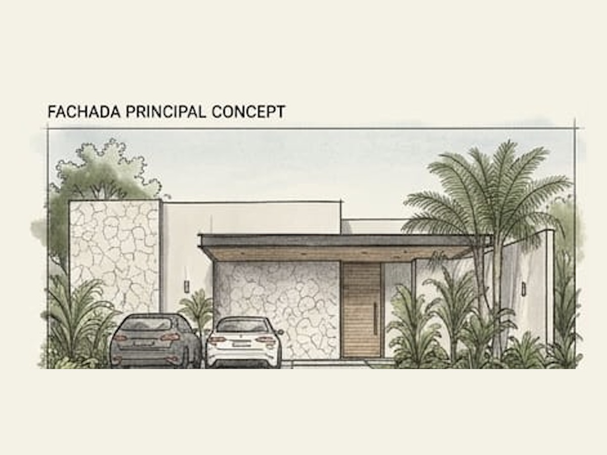 Fachada principal conceptual de Casa Xaibé, con muro de piedra chukum y palapa