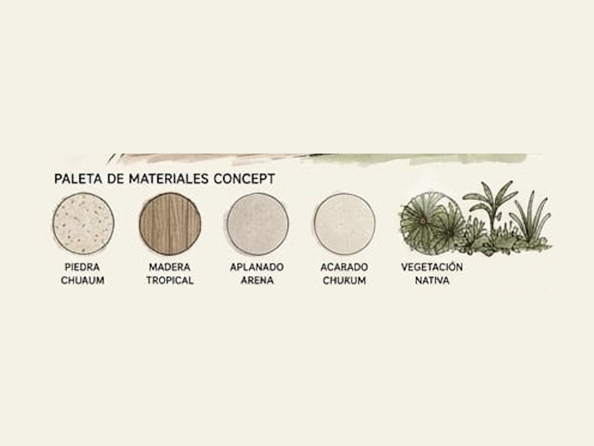 Paleta de materiales conceptual de Casa Xaibé: piedra chuk, madera tropical, aplanado arena, acarado churum y vegetación nativa