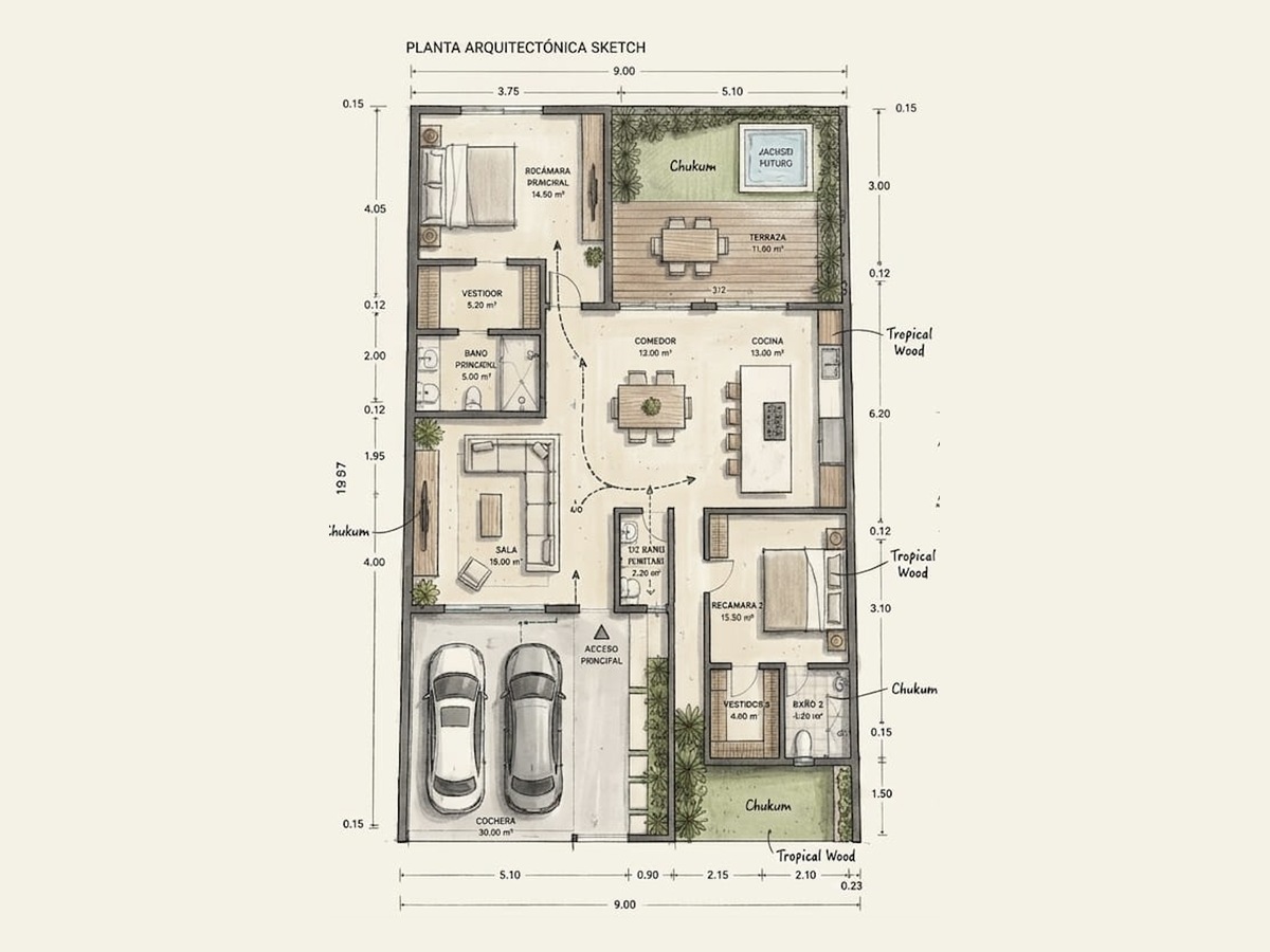 Planta arquitectónica sketch de Casa Xaibé, 2 recámaras, sala, comedor, cocina y cochera