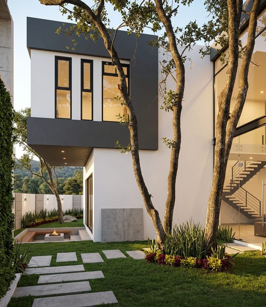 Render de fachada posterior con jardín y árbol, Residencia CDMX
