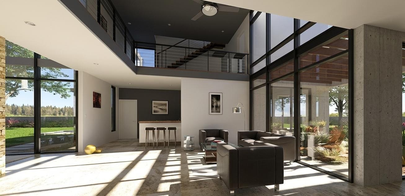 Render de sala de doble altura con vista al jardín, Residencia CDMX