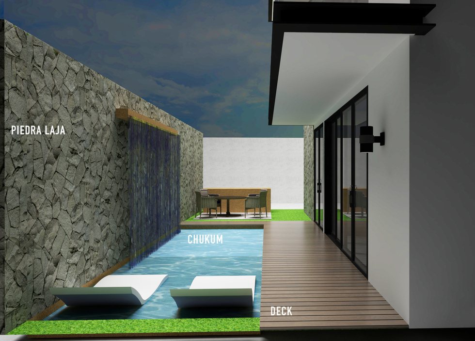Patio de alberca con piedra laja, chukum y deck, Lofts Chelem