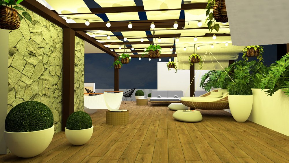 Zona de estar en la azotea con pérgola, Lofts Chelem