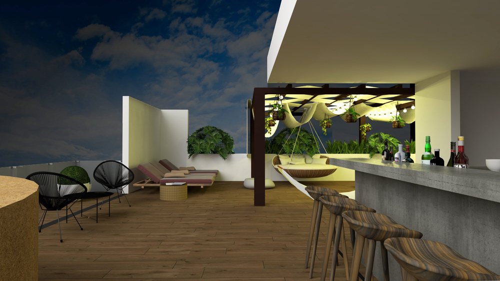 Azotea con bar y mobiliario colgante, Lofts Chelem