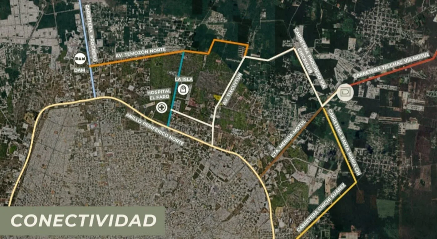 Mapa de conectividad de Distrito Conkal: periférico, carretera Mérida-Motul y accesos principales