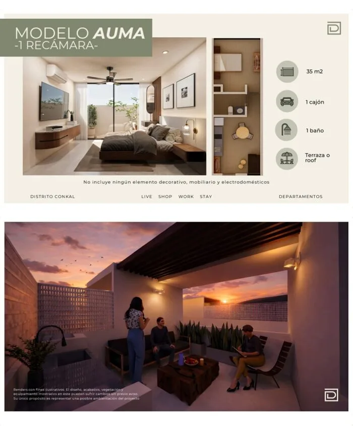 Ficha técnica Modelo Auma, 1 recámara, 35 m²