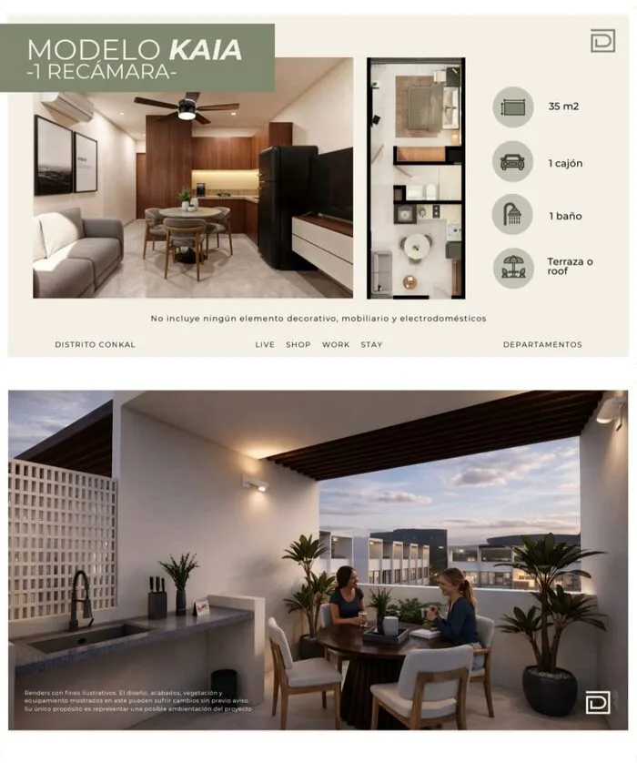 Ficha técnica Modelo Kaia, 1 recámara, 35 m²