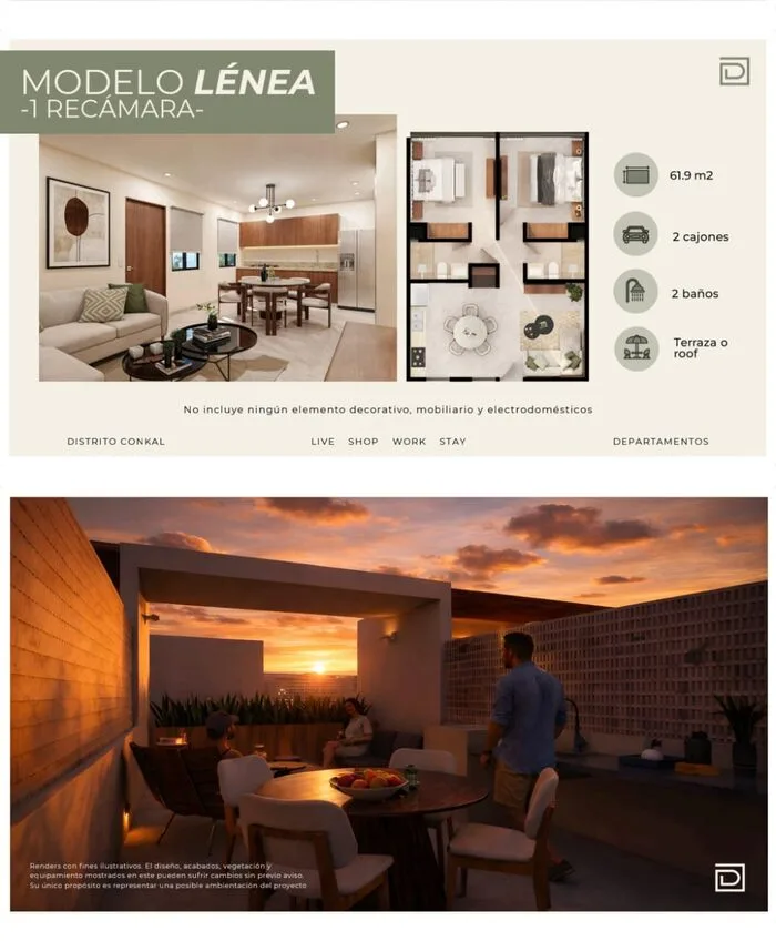 Ficha técnica Modelo Lenéa, 2 recámaras, 61.9 m²
