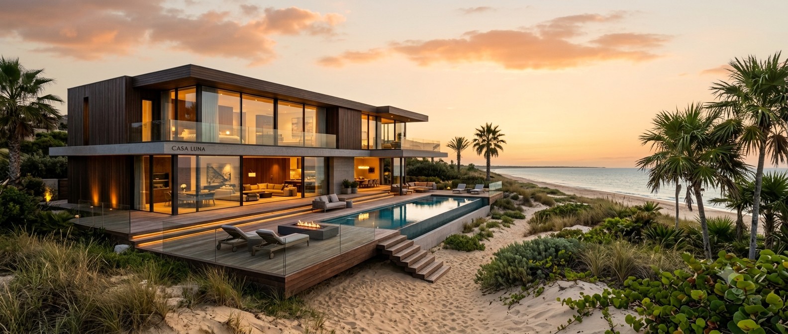Render de casa contemporánea de dos niveles con alberca frente al mar, al atardecer