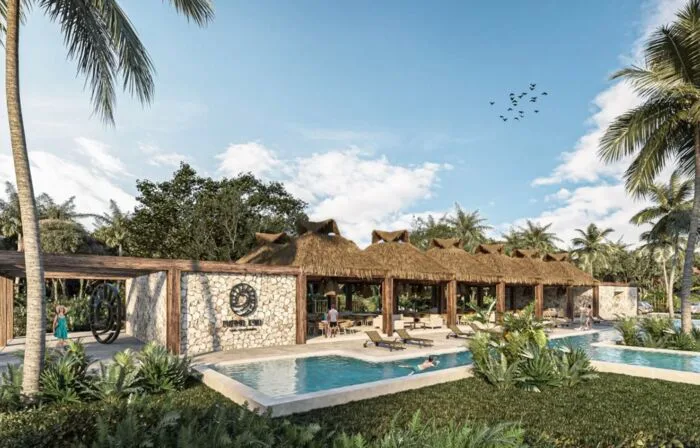 Render de casa club y alberca