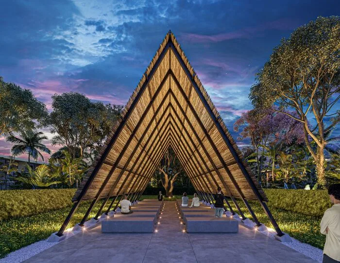 Render de pabellón de meditación