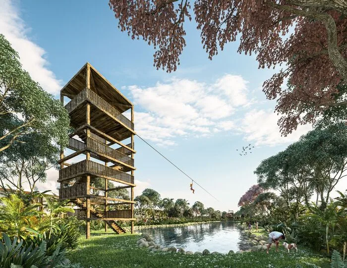 Render de torre y tirolesa sobre el lago