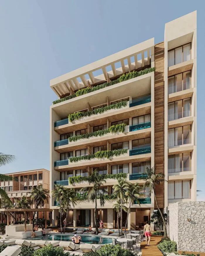 Render de día, torre de departamentos Playaviva