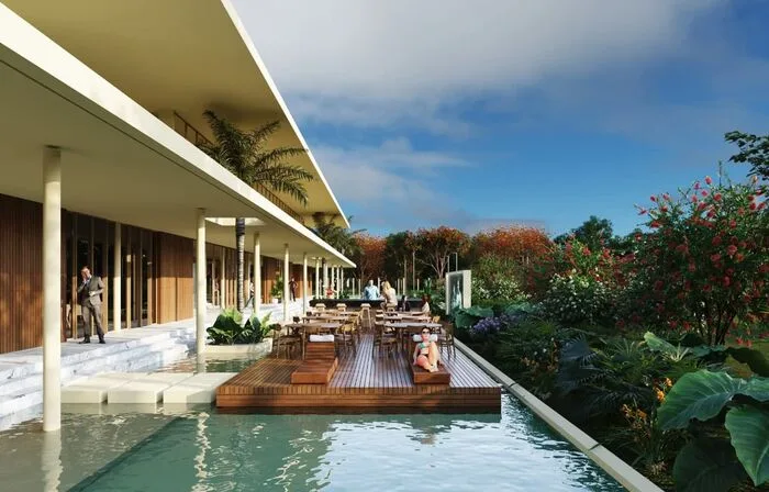 Render del lounge y alberca de San Roque