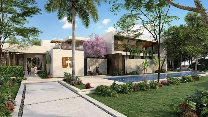Render de casa club y alberca